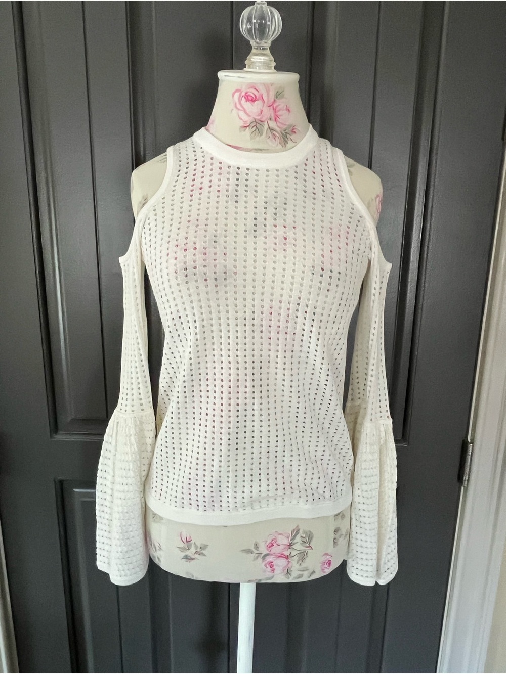BCBGMaxAzria Knit Eyelet Cold Shoulder Sweater with Bell Sleeves